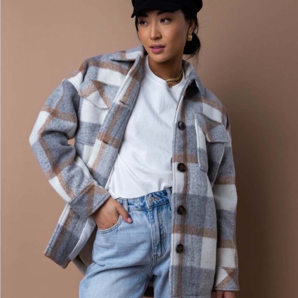 Boheme Plaid Shacket Jacket in Cream Brown Small - Picture 4 of 10